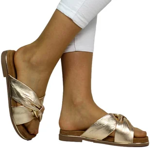 Klapki Modne Marco Tozzi 2-27133-42 940 Gold Złote Skóra Naturalna - MARCO TOZZI - Klapki i japonki damskie - miniaturka - grafika 1