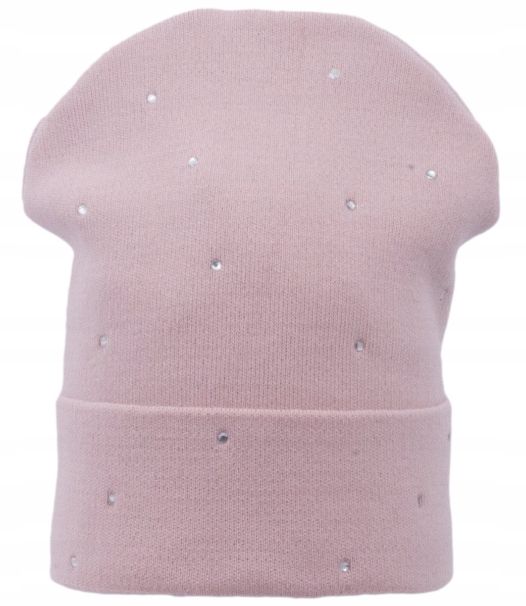 Czapka Damska Jesienna Zimowa Zdobiona Cyrkoniami Wywijana Różowa