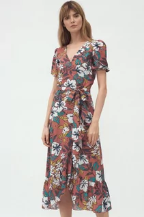 Sukienki - Kopertowa sukienka midi w stylu boho w kwiaty z falbaną - SukienkiShop - grafika 1