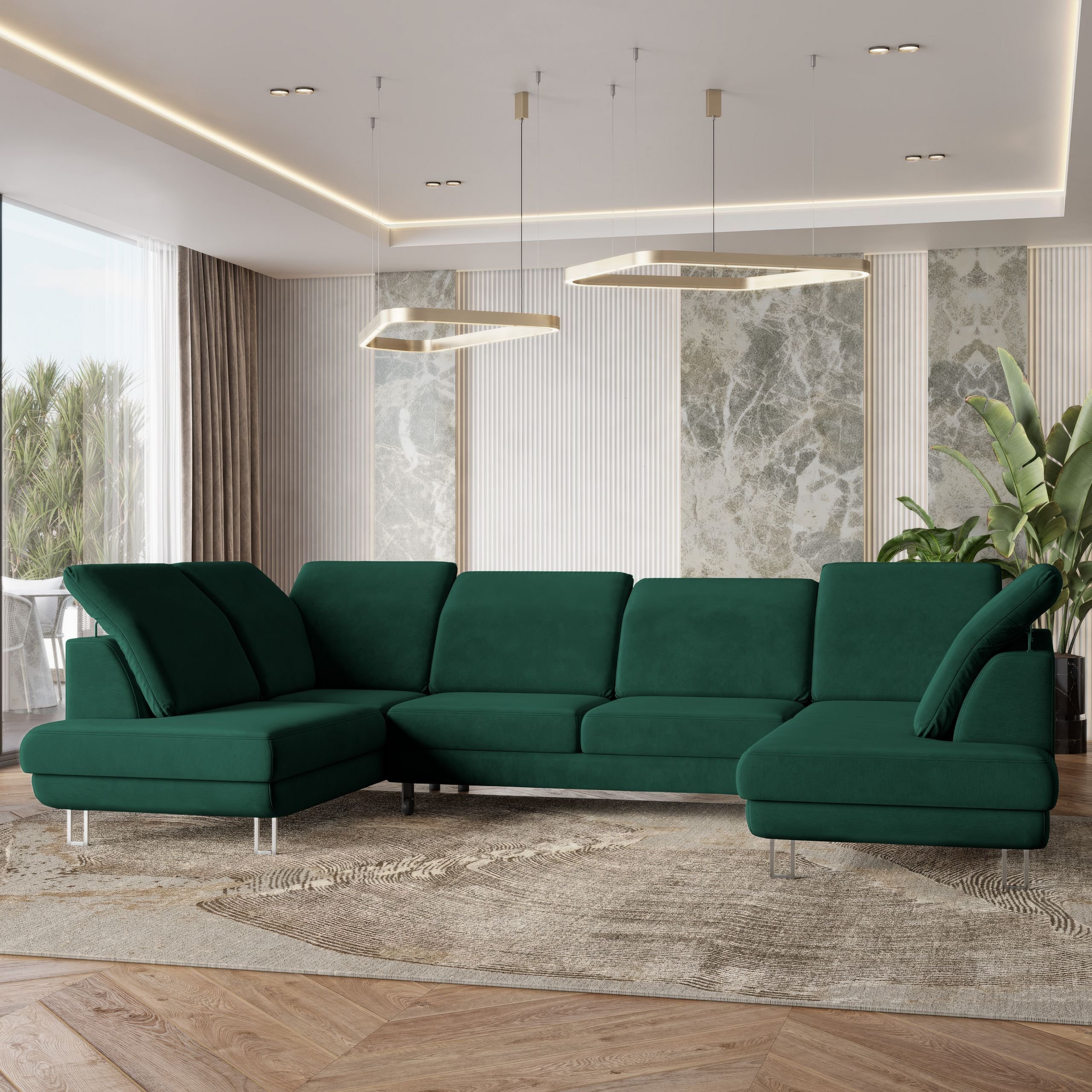 Masseno Narożnik TERAMO z funkcją spania i pojemnikiem na pościel Kształt U, Rozkładana sofa, Rogówka - Butelkowa zieleń, MONOLITH 37