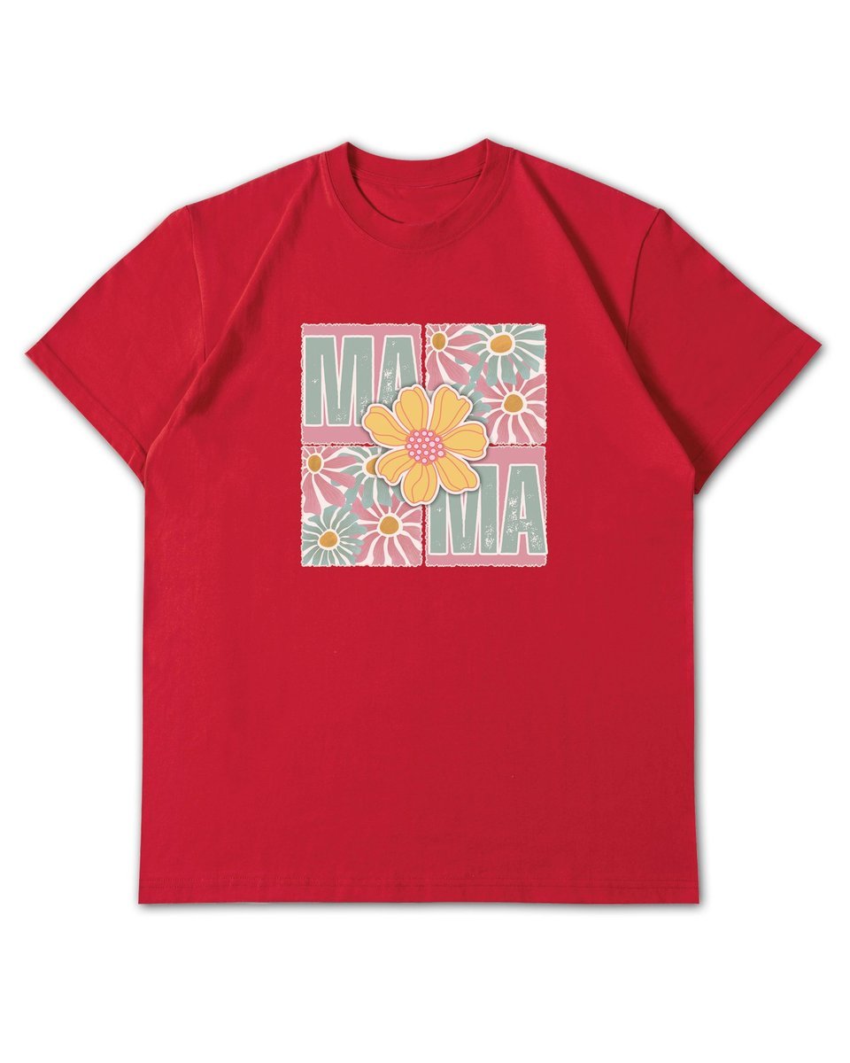 Luźna koszulka na Dzień Matki Kwiatowa MAMA Prezent Czerwony L