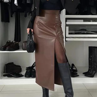 Skórzana spódnica midi z rozcięciem - Brązowy - Spódnice - miniaturka - grafika 1