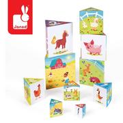 Zabawki interaktywne dla dzieci - Janod Piramida Wieża 10 Trójkątnych Kostek Farma, - miniaturka - grafika 1