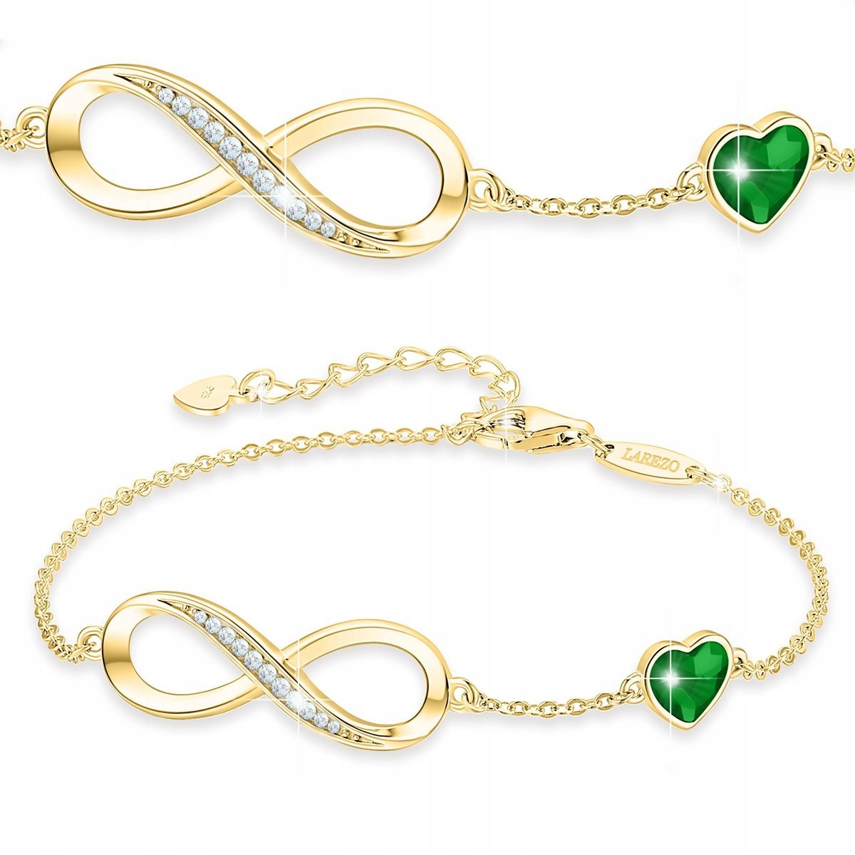 Bransoletka Złota Zielone Serce Nieskończoność z Cyrkoniami SREBRO 925
