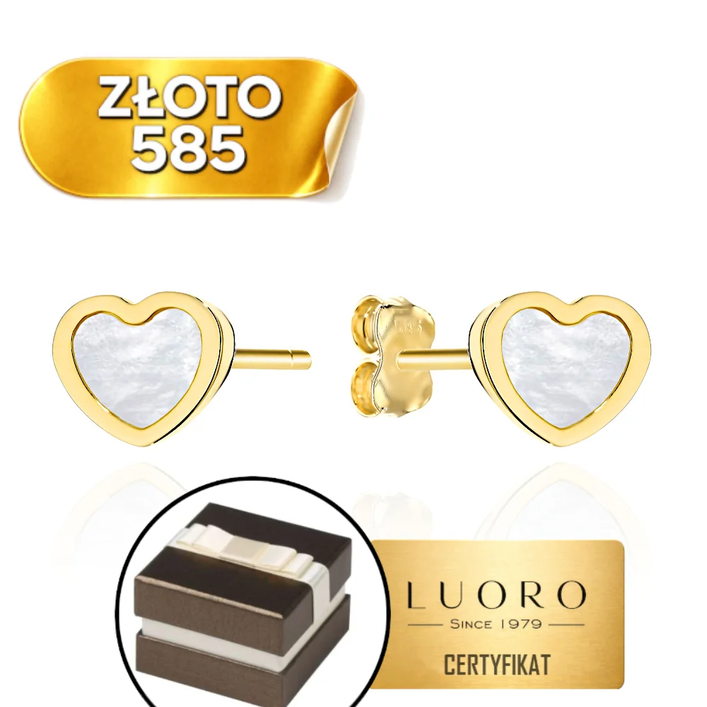 KOLCZYKI ZŁOTE 585 14K SERCA Z MASĄ PERŁOWĄ SZTYFT 6,4 MM ELEGANCKIE