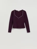 Bluzki damskie - Reserved - Bluzka z błyszczącą aplikacją - ciemnofioletowy - miniaturka - grafika 1