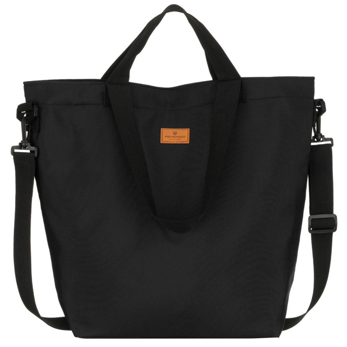 Torebka damska do ręki PETERSON duża miejska shopper bag mieści A4 kieszonki na suwak uchwyty do ręki szeroki dopinany pasek na ramię modna czarna
