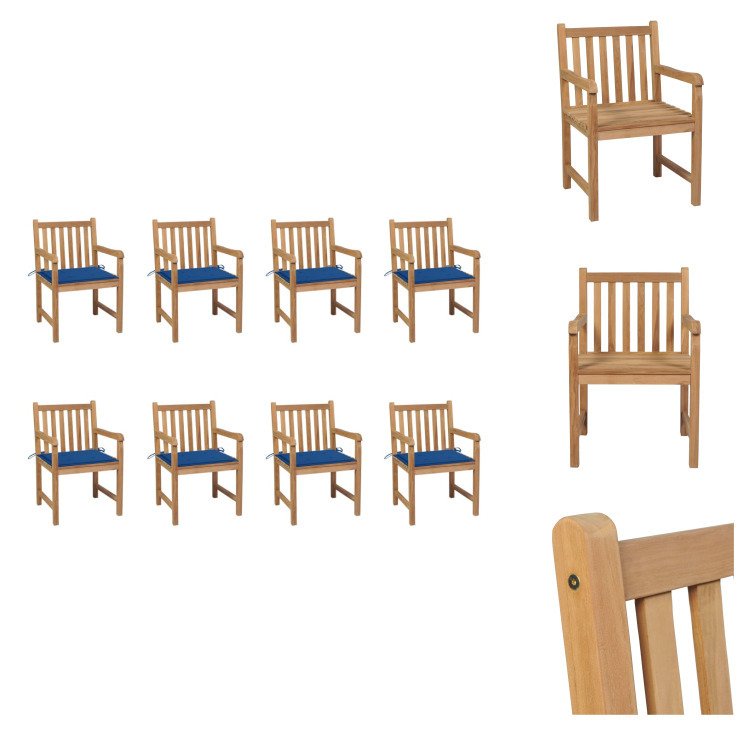 vidaXL Krzesła ogrodowe 8 szt. z niebieskimi poduszkami z litego drewna tekowego - Krzesła ogrodowe