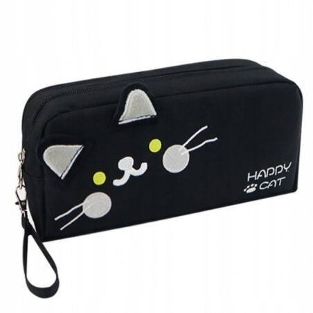 Duży Piórnik Wielofunkcyjny Dwukomorowy Czarny Happy Cat Pr12