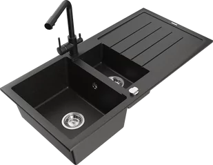 Mexen Andres zlewozmywak granitowy 1,5-komorowy z ociekaczem i baterią kuchenną Duero, czarny/złoty - 6515-75-671600-70 - Zlewozmywaki z baterią - miniaturka - grafika 1