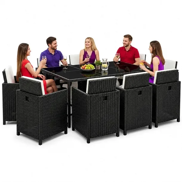 Zestaw Mebli Rattanowych: Stół 167x109x74 cm, 10 Krzeseł, Czarny/Kremowy