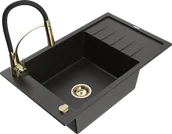 Zlewozmywaki z baterią - Mexen Elias zlewozmywak granitowy 1-komorowy z ociekaczem i baterią kuchenną Aster, czarny/złoty metalik - 6511-75-73450-57-G - miniaturka - grafika 1