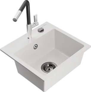 Mexen Milo zlewozmywak granitowy 1-komorowy z baterią kuchenną Flora, biały - 6505-20-670401-07-B - Zlewozmywaki z baterią - miniaturka - grafika 1