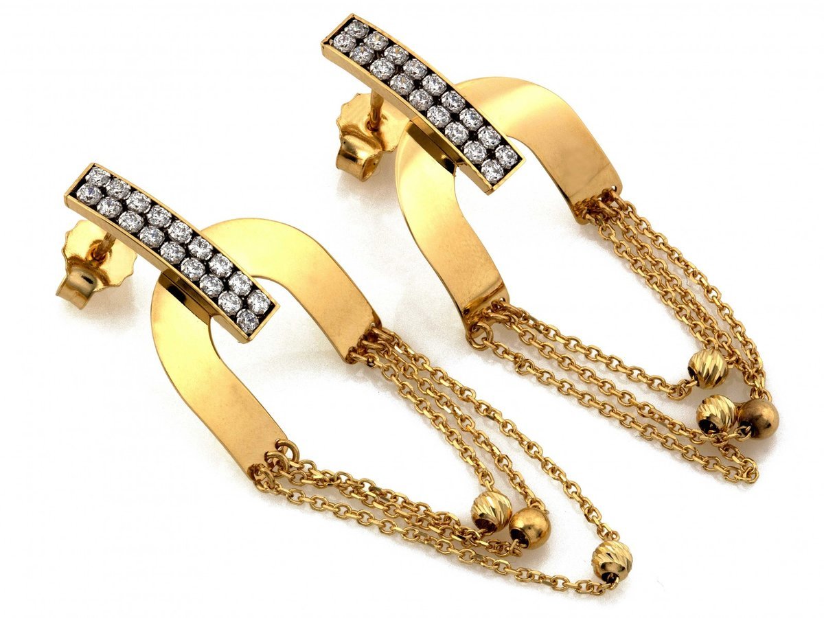 Efektowne złote 585 kolczyki na sztyfcie wiszące nowoczesne 4.38g