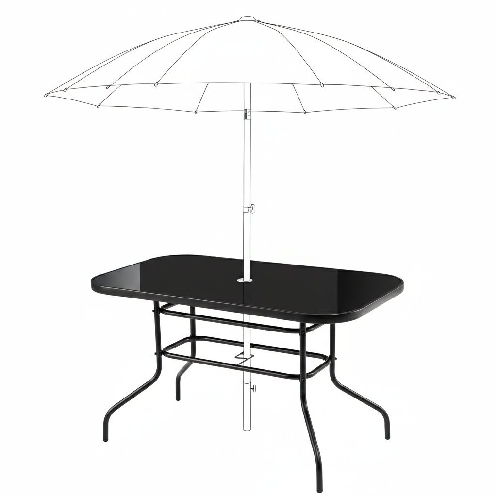 Bauerkraft Duży szklany stół ogrodowy na taras balkon 120x70 czarny otwór na parasol