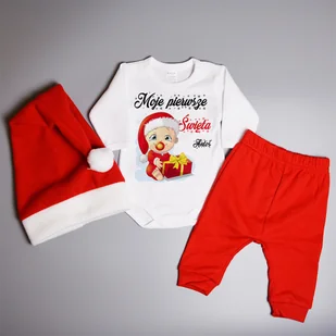 Moje pierwsze Święta (imię) - komplet świąteczny, czapka mikołaja - Body dla niemowląt - miniaturka - grafika 1