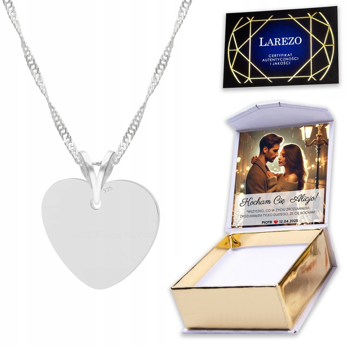 Naszyjnik Srebrny 925 Blaszka Serce Heart z Sercem Serduszko Love + NADRUK