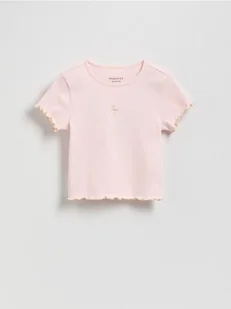 Reserved - Prążkowany t-shirt z haftem - pastelowy róż - Koszulki dla dziewczynek - miniaturka - grafika 1