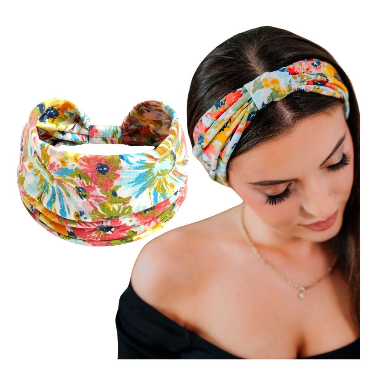Opaska do Włosów Biała Turban na Głowę Szeroka w Kwiaty MIŁA W DOTYKU