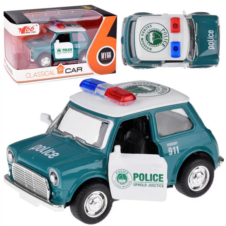 Zabawkowy samochodzik policyjny, metalowe autko z otwieranymi drzwiami
