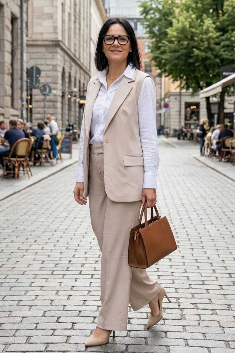 Komplet Damski Elegancki Beżowy Kamizelka + Spodnie Włoski Styl Uni