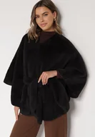 Swetry damskie - Czarne Ponczo z Futerkiem i Wiązanym Paskiem Monalena - miniaturka - grafika 1