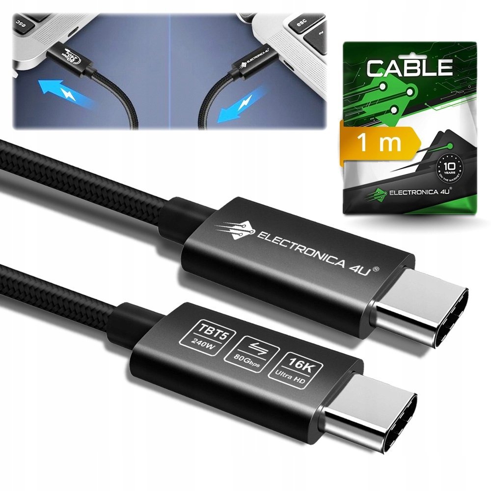 TECKIN Szybki kabel do transmisji Thunderbolt 5 Certyfikowany INTEL chip 240W 1m