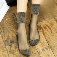 Skarpetki damskie - TEMU 2 pary eleganckich, przezroczystych skarpetek do połowy łydki dla kobiet - oddychające czarne pończochy z złotymi i srebrnymi paskami, 200g/㎡ - miniaturka - grafika 1