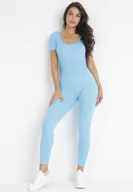 Kombinezony - Niebieski Długi Kombinezon z Prążkowanej Dzianiny Selagia - miniaturka - grafika 1