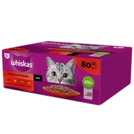 Mokra karma dla kotów - WHISKAS Adult saszetka 80 x 85 g Klasyczne Posiłki - mokra karma pełnoporcjowa dla dorosłych kotów, w sosie (kawałki z: wołowiną, kurczakiem, jagnięciną, drobiem) - miniaturka - grafika 1
