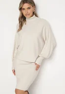 Komplety damskie - Jasnobeżowy Prążkowany Komplet Dzianinowy Sukienka na Grubych Ramiączkach i Golf z Bufkami Beloraena - miniaturka - grafika 1