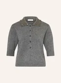 Moda i Uroda OUTLET - Sem Per Lei Dzianinowa Koszulka Polo Z Kaszmirem I Ozdobnymi Kamykami grau - miniaturka - grafika 1
