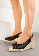Sandały damskie - Czarne Ażurowe Sandały na Koturnie z Plecionki z Motywem Kwiatowym Nevoriae - miniaturka - grafika 1