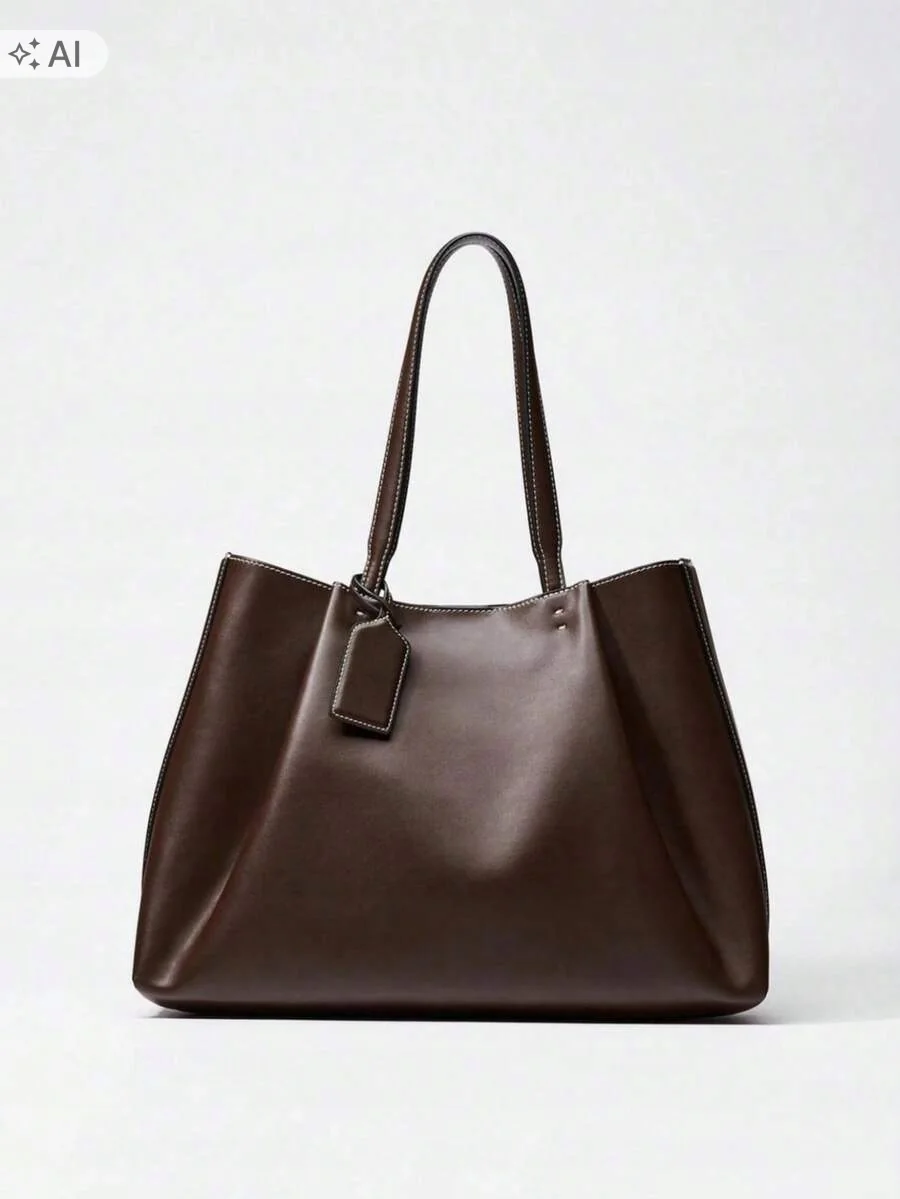 SHEIN BRĄZOWY SHOPPER Z GŁADKIEJ SKÓRY EKOLOGICZNEJ Z BRELOKIEM 1ŁA