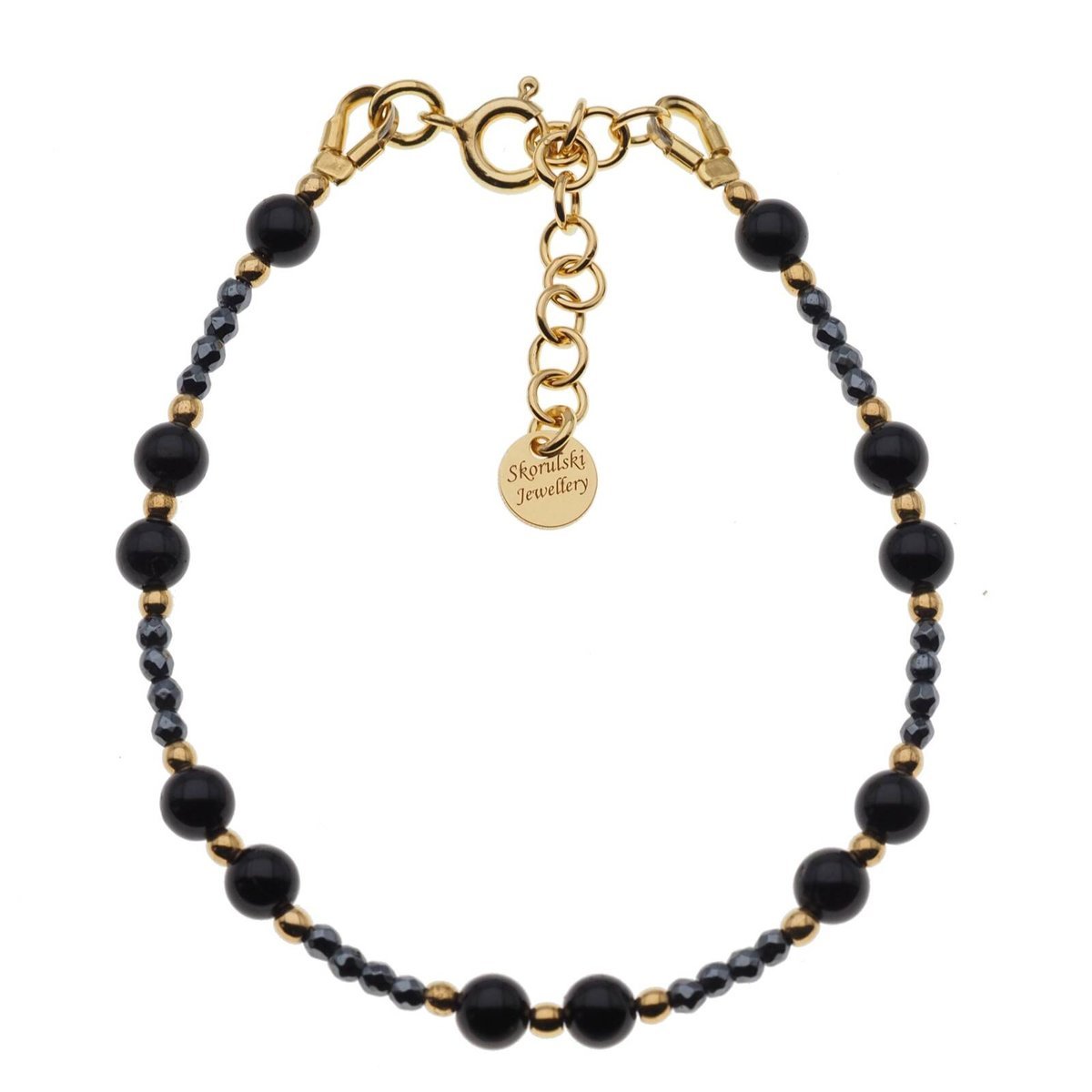 Bransoletka regulowana - Turmalin czarny, Hematyt i srebro złocone