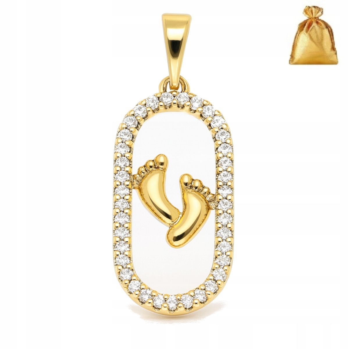 PIĘKNA ZŁOTA ZAWIESZKA WISIOREK Z CYRKONIAMI STÓPKI, STAL CHIRURGICZNA 18K