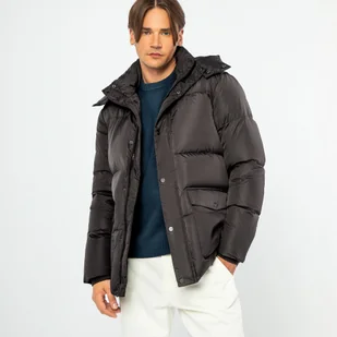Męska kurtka puchowa z kapturem pikowana czarna - Kurtki męskie - miniaturka - grafika 1