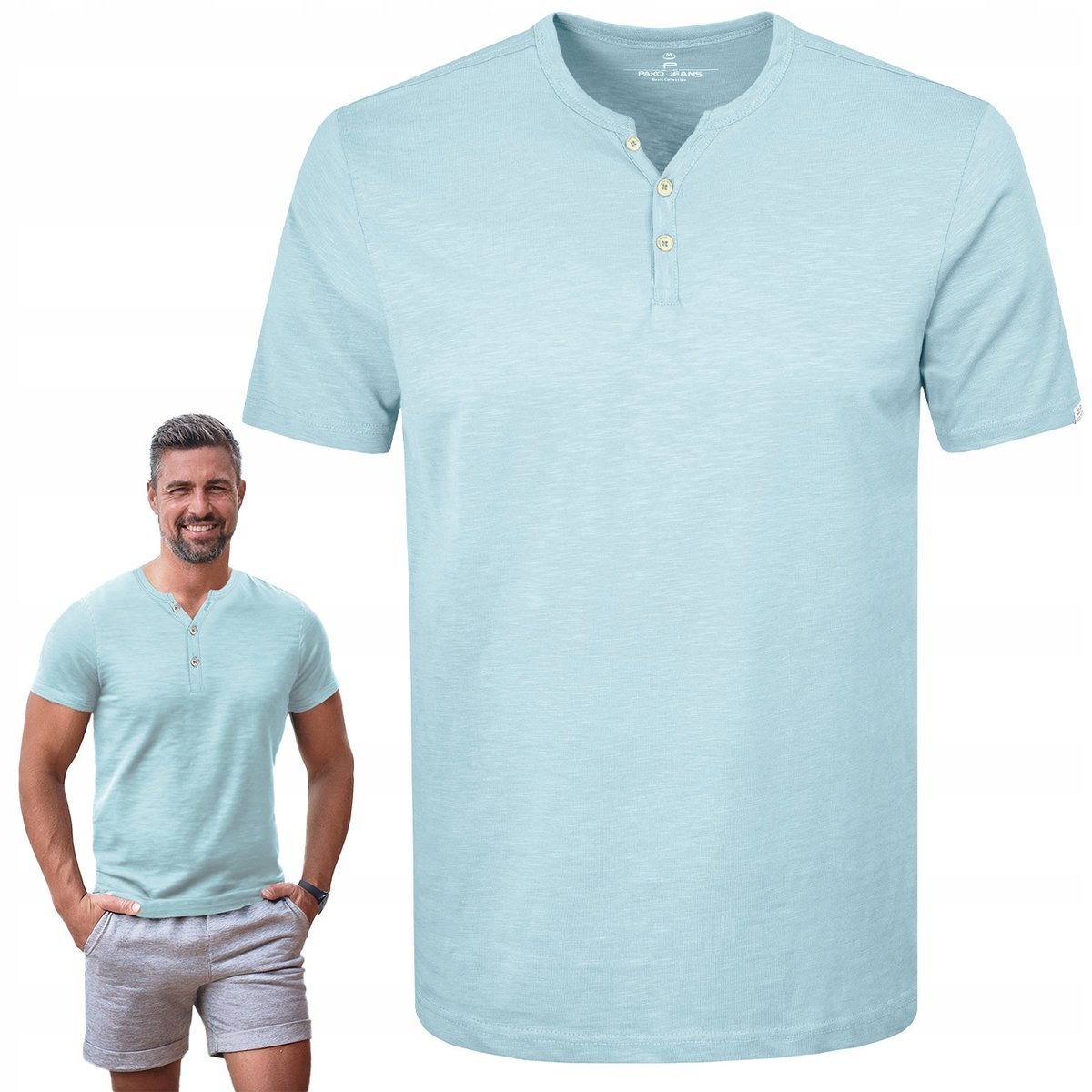 T-SHIRT Męski Koszulka w Serek BŁĘKITNA Bawełniana NOEL M Pako Jeans