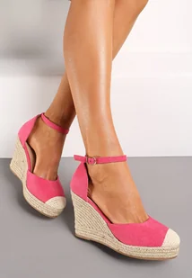 Fuksjowe Espadryle z Ekozamszu na Plecionym Koturnie z Paskiem Przy Kostce Flowa - Espadryle damskie - miniaturka - grafika 1