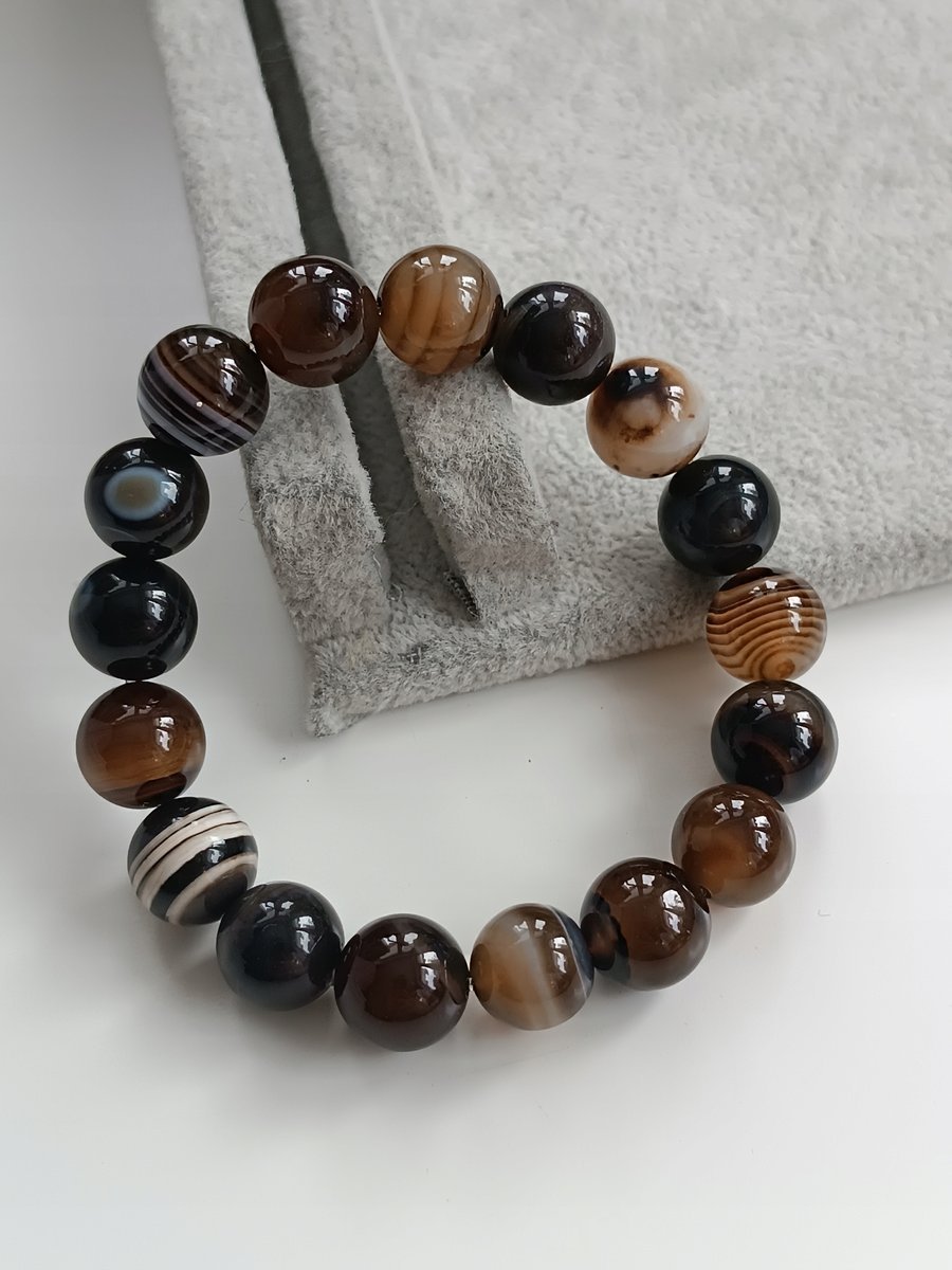 Ciemna bransoletka AGAT SARDONYKS gładki brąz czarny bransoletka 16-18 cm