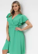 Sukienki - Zielona Sukienka z Kopertowym Dekoltem i Paskiem Sizue - miniaturka - grafika 1