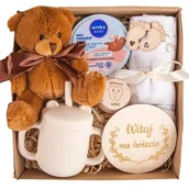 Zestawy upominkowe - PREZENT na narodziny dla niemowlaka wyprawka maskotka kubeczek silikonowy kremik NIVEA - miniaturka - grafika 1