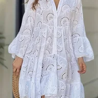 Sukienki - TEMU Damska sukienka casualowa z dekoltem w kształcie litery V i długim rękawem z detalem koronkowym - biała, luźna, w kształcie litery A, idealna na - miniaturka - grafika 1