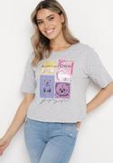 Koszulki i topy damskie - Jasnoszary Bawełniany T-shirt z Ozdobnym Nadrukiem na Przodzie Sadla - miniaturka - grafika 1