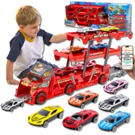 Samochody i pojazdy dla dzieci - ZESTAW AUTEK Z WYRZUTNIĄ + 3-POZIOMOWA LAWETA TIR CIĘŻARÓWKA + 6 SAMOCHODZIKÓW DYNAMICZNA ZABAWA PREZENT DLA CHŁOPCA WNUCZKA + EBOOK-1 - miniaturka - grafika 1