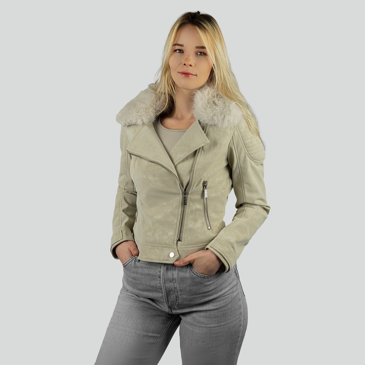 Kurtka damska ramoneska BOLSENA skóra ekologiczna z futerkiem kremowa L