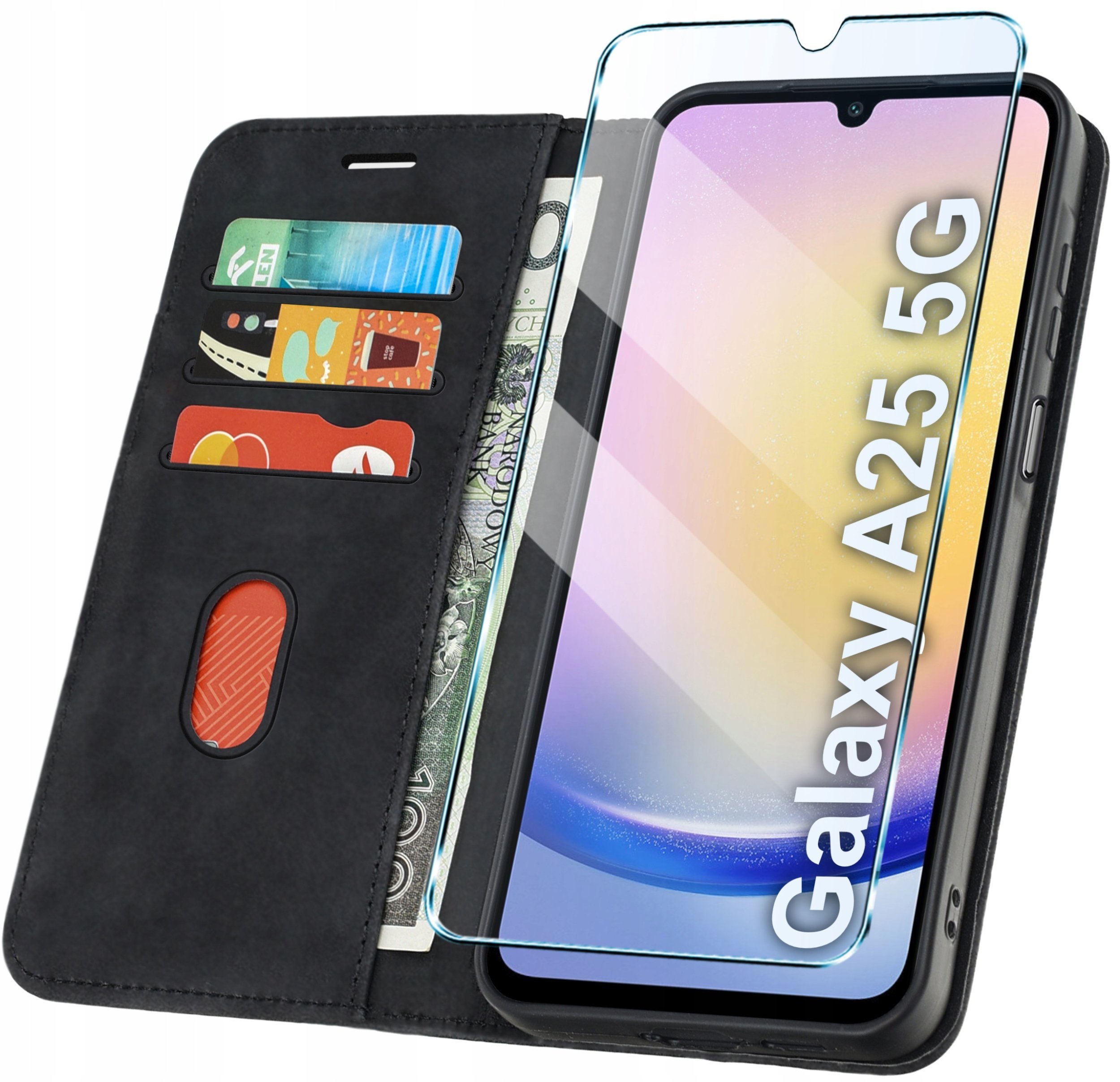 ETUI Z KLAPKĄ do Samsung A25 5G Zamykane, Magnetyczne Kabura + Szkło