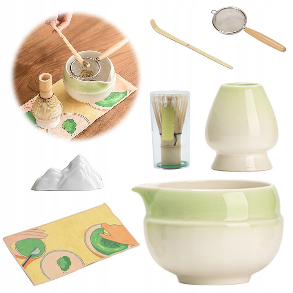 Komplet Do Matchy 7 Sztuk Ceramiczna Czara Chasen Sitko Zielony Gradient