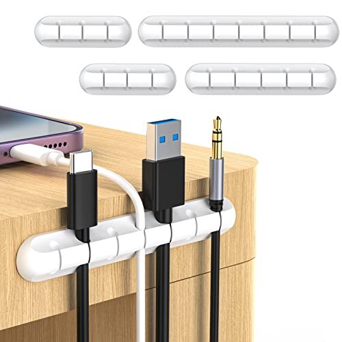 JANREAY Uchwyt na kable z klipsami do kabli, 4 opakowania, uniwersalny zestaw organizerów do zarządzania kablami, na biurko, kabel audio, kabel sieciowy, kabel USB do ładowania (biały)