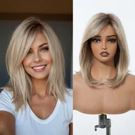 Pozostałe akcesoria fryzjerskie - TEMU Peruka Damska Elegancka Prosta Blond z Grzywką - Naturalny Wygląd Sztuczne Włosy, Jasnobrązowe Pasemka, Różowa Czapka Sieciowa na Bezpieczne - miniaturka - grafika 1